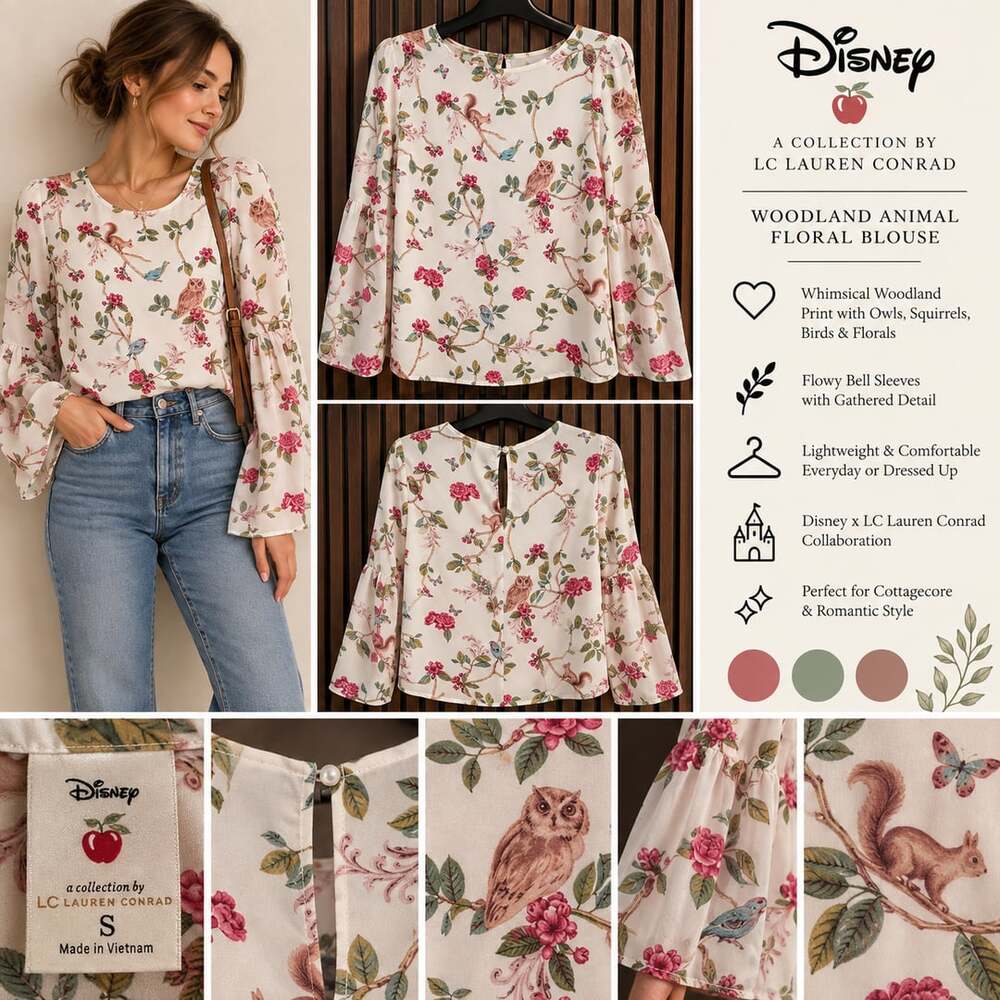 Disney LC Lauren Conrad Woodland Animal Floral Blouse Owl Squirrel Birds S